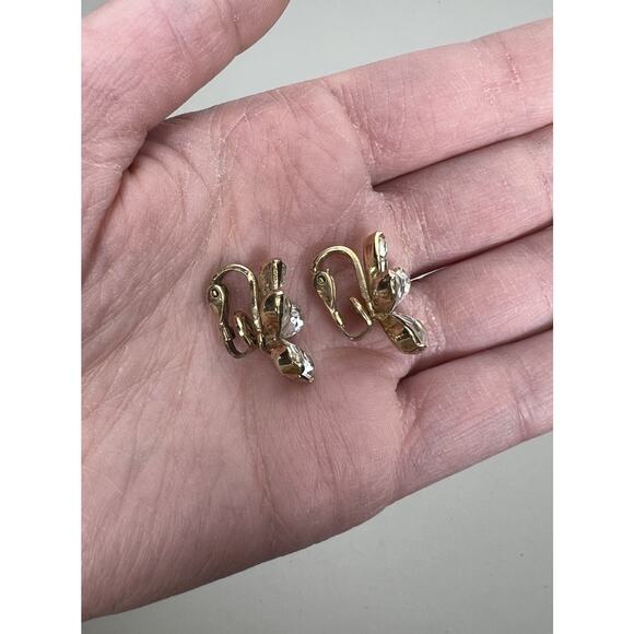 Vintage Clip On Trifari Floral Clear Clover Earrings Gold Toned - Picture 2 of 7